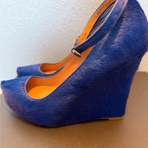 Ann Taylor Platform Wedge Heels Blue Haircalf Leather Ankle Strap Buckle 7M - Picture 5 of 10